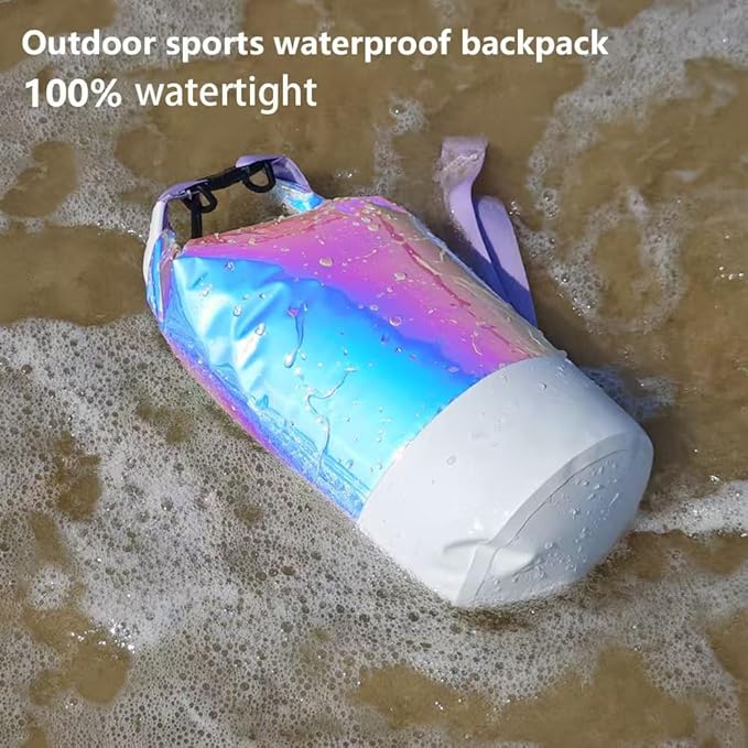 10L PVC Holographic Waterproof Dry Bag Double Shoulder Strap Beach Swimming Backpack Crossbody Waterproof Bucket Bag for Kayaking Boating and Outdoor Sports (10L)