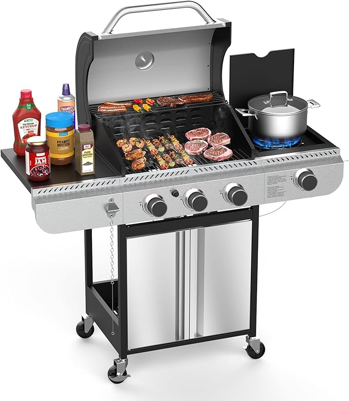 Electactic 3-Burner Propane Gas BBQ Grill with Side BurnerStainless Steel Grill with Porcelain-Enameled Grates37000 BTU Barbecue Grill Suitable for Outdoor CookingCampingPatio Backyard
