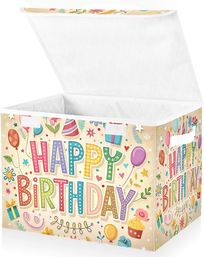 Happy Birthday Beige Large Storage Bins with Linen Foldable Storage Cubes Fabric Closet Organizer Containers box with Flip-Top Lid for Home Office Closet 16.5” x 12.6” x 11.8”