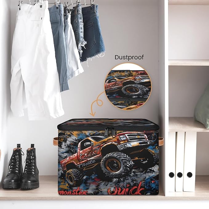 Storage Bin with Lid Stackable Closet Storage Bins Cool Trucks Decorative Bedroom Organizer Box Lidded Baskets Living Room Storages Boxes Cube Organizer Cute Container with Handles