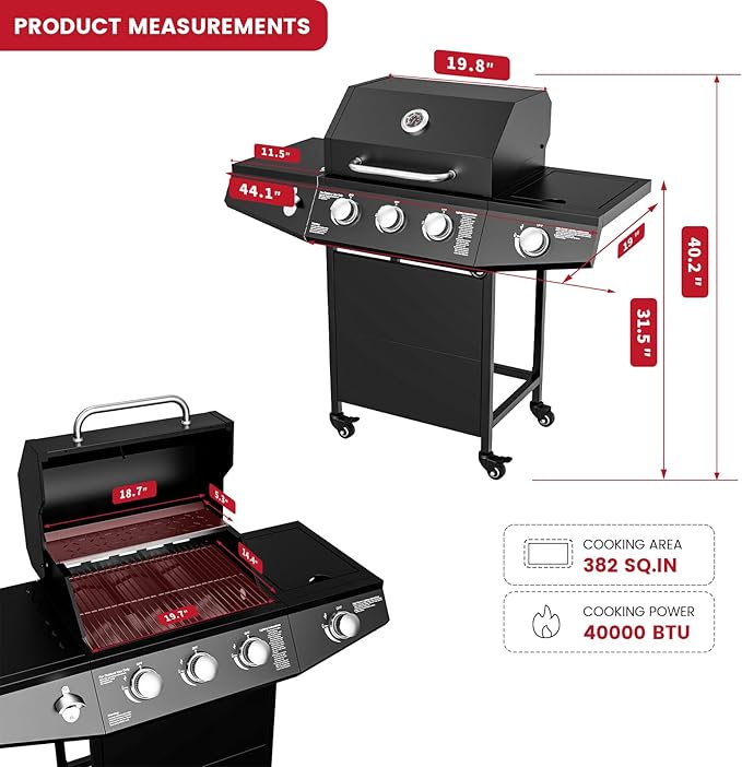3 Burner Propane Gas Grill with Side Burner 40000 BTU Output Propane Grill Outdoor Gas BBQ Grill with Stainless Steel Grates Outdoor Cooking for Patio Camping Backyard