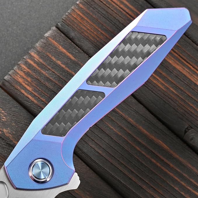 Sitivien ST996 Folding KnifeHandmade M390 Pearlescent Polishing BladeTitanium &amp Carbon Fiber Handle Pocket Knife for Outdoor CampingHikingHunting(Blue)