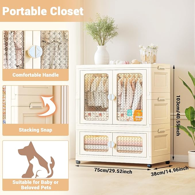 Stackable Storage Bins Plastic Collapsible Storage Containers with Doors Wheels And Hanging Rods 29.52 x 14.96 x 40.55 Large Lidded Closet Organizers Cabinet for Home OfficeWhite