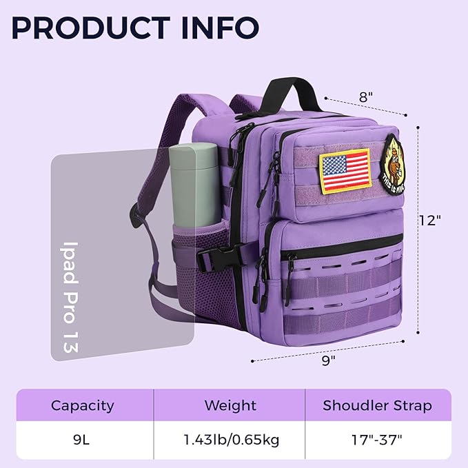 9L Mini Tactical Backpack for Men WomenSmall Military Tactical Backpack for SportGymHikingTravelCamping (Purple)