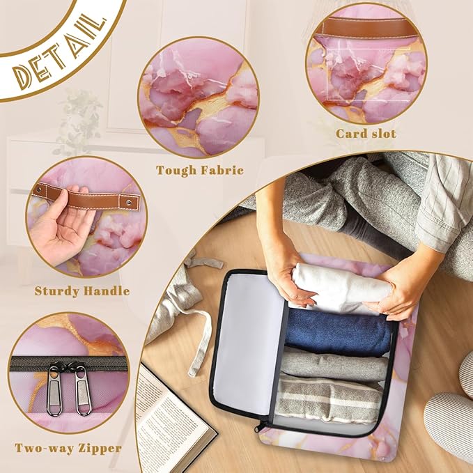 Pink Marble Storage Bins with Zipper Lid Gold Marble Fabric Lidded Storage Baskets Cubes with Handles Decorative Foldable Shelf Closet Organizer Container