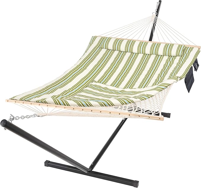 SUNCREAT Cotton Rope Hammock for Two People with Hardwood Spreader Bars Quilted Fabric Pad &amp Detachable Pillow Extra Large Hammock with 12 FT Steel Stand Ipad Bag &amp Cup Holder Green&ampBe