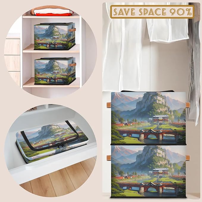Cartoon Hills Storage Bins with Zipper Lid Collapsible Storage Bags Closet Organizer Leather Handles Foldable Storage Baskets Boxes with Leather Handles for Nursery Bedroom Clothes Toy