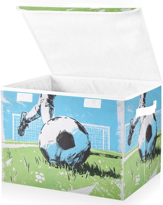 Blue Soccer Player Goal Grass Storage Box with Lid 1 PC Foldable Storage Bin with Lids Stackable Storage Bins Cube Closet Organizer Basket with Flip-Top Lid &amp Handles for Shoes Books Towels