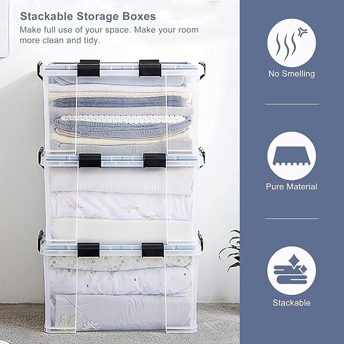 3-Pack Waterproof Plastic Storage Box 90QT/85L Stackable Latch Box Durable Multi-Purpose Locking Bin with Lid and Black Clips for Bedding Toys Shoes and Clothes