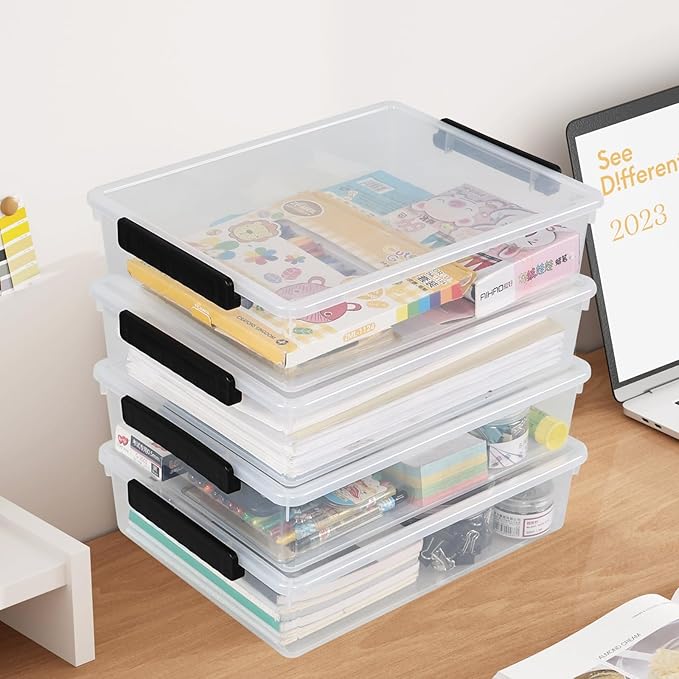 Wekioger 6 Quart Clear Flat Organizer Box with Lid Plastic File Storage Bin 4 Pack