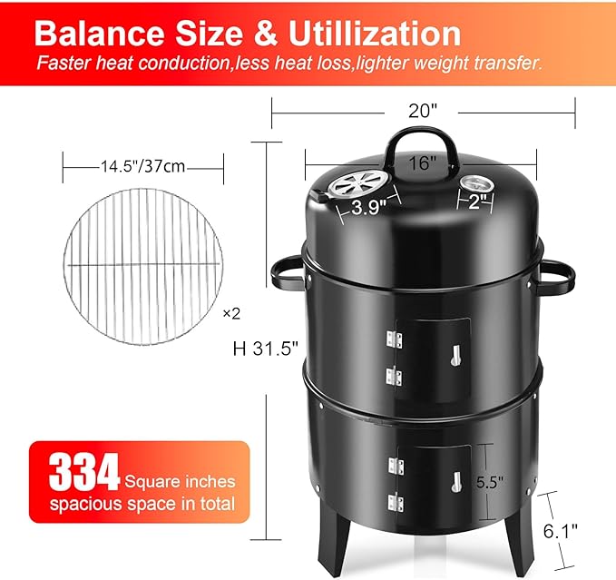 T001-2 19-inch BBQ Charcoal Smoker Heavy Duty Round Smoking-Vertical Multi-Layer Pellet Smoker for Meats-Offset Charcoal Grill with Thermometer Black