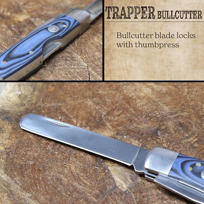 WHISKEY BENT HAT CO. Trapper &amp Locking Bullcutter Folding Pocket Knife 4.125 Closed Length 440C Stainless Steel Blades (Blue Burst)
