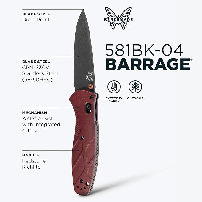 Benchmade - Barrage Tactical Every Day Knife Plain Edge Drop-Point Blade Redstone Richlite Handle (581BK-04)