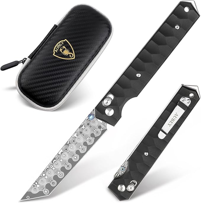 AUBEY Damascus Axis Lock Pocket Knife 3.54 Tanto Blade Crossbar Lock Folding Knives with Clip for Men Women Aluminum Handle with Glass Breaker for EDC Camping Gift
