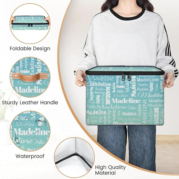 Custom Storage Basket with Name Personalized Keepsake Box with Zipper Lid Foldable Fabric Memory Bin Large capacity with Handle Grey Blue Green