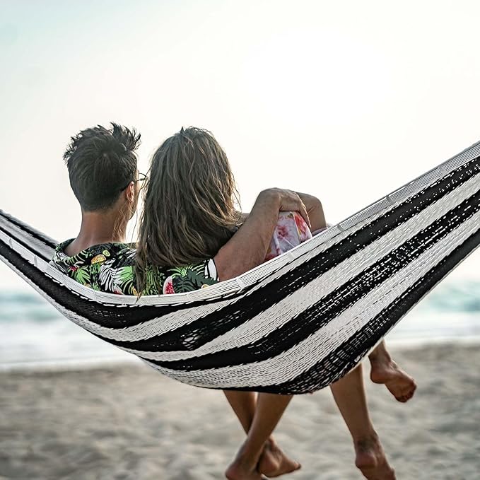 Lazy Daze Hammocks Handwoven Mayan Hammock 10.5 FT Soft Rope Double Hammocks Portable Outdoor Hammock with Carry Bag 2 Straps &amp Carabiners for Patio Outside 550 lbs Weight Capacity Black/Whit