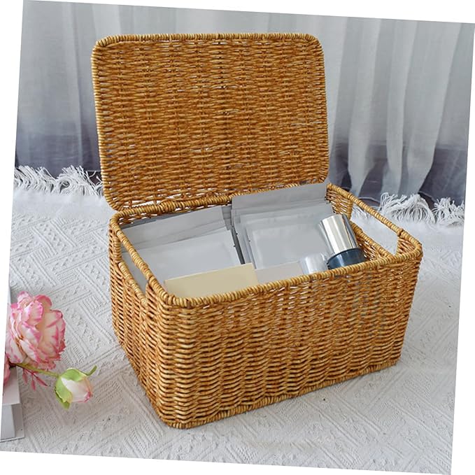 Garneck Faux Rattan Storage Box with Lid Small Sundries Organizer for Bedroom Wardrobe Living Rustic Style Household Storage Bin for Clothes and Books Practical Tiny House Furniture
