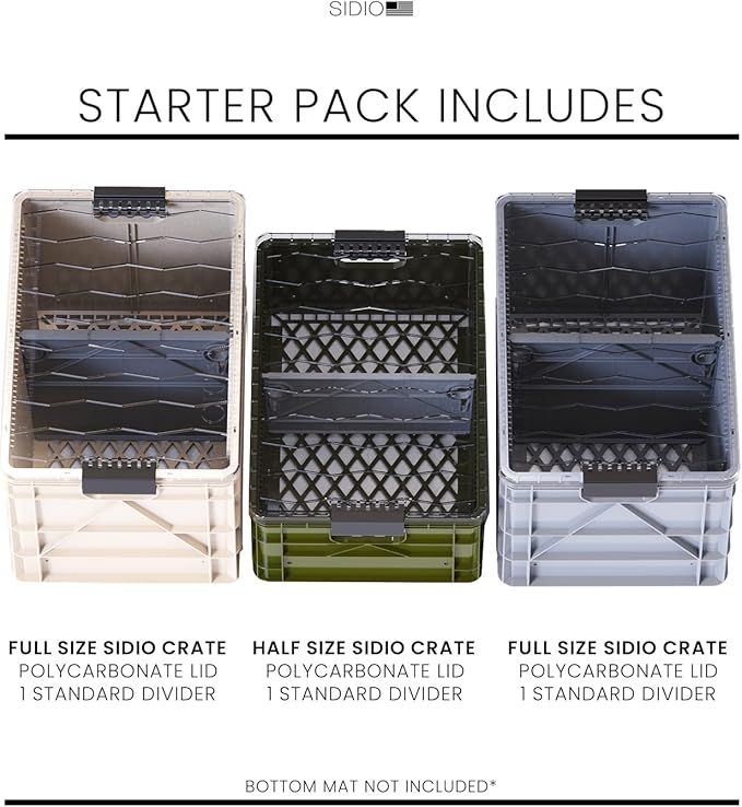 SIDIO CRATE Starter Pack - Two Full Size and One Half Size Heavy Duty Stackable Storage Bins with Lids &amp Dividers - Durable Organizer for Home Office Garage and Outdoor Use - Stealth Variety Pa