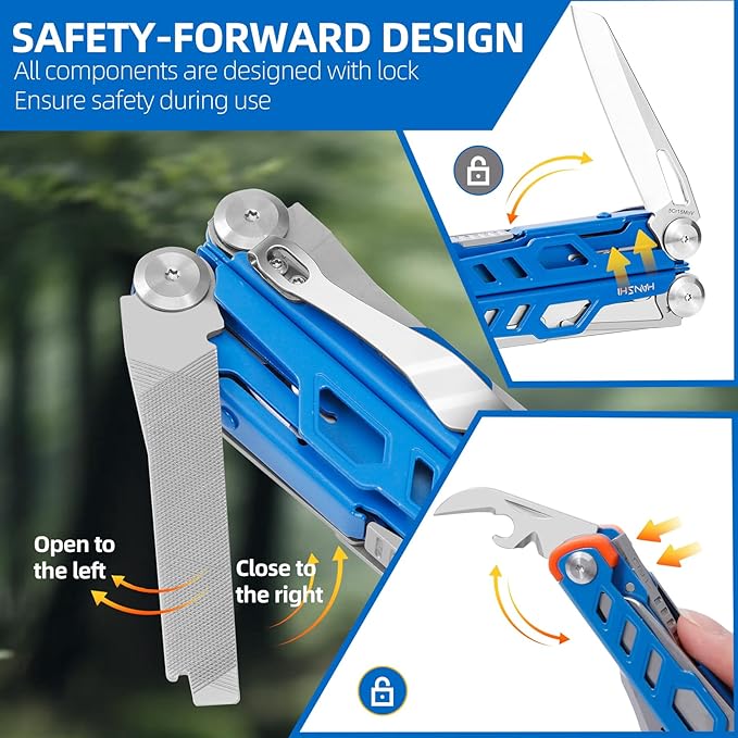HANSHI 15 in 1 Multitool Pliers with Scissors Upgraded Heavy Duty Stainless Steel Multi Tool with YG10 Tungsten Steel Replaceable Wire Cutters for Survival Camping HikingRepair and Gift (Blue)