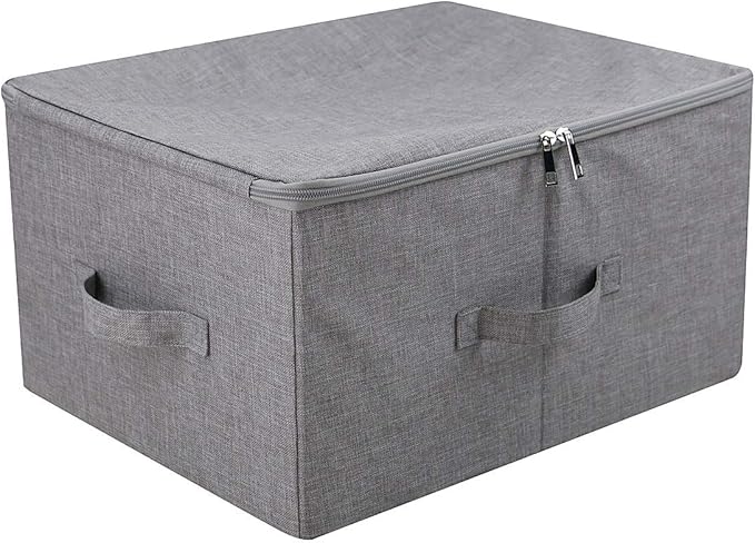 iwill CREATE PRO Folding Storage Box with Zip Lid and Handles Rigid Storage Baskets With Linen Fabric&amp Plastic Board Closet Shelf DrawersDark Gray 2 pcs