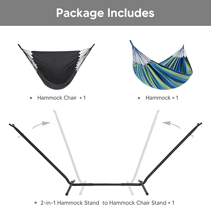 SUNCREAT 2-in-1 Hammocks Hammock Chair with Stand 475 lbs Capacity Heavy Duty Two Person Hammock with Stand Patented Blue Stripe