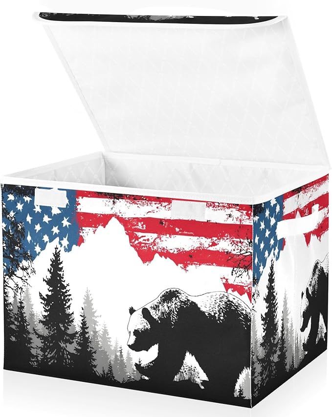Storage Basket Bins Bear Forest Print with Lid Foldable Flip-top Cubes with Handle for Home Office 16.5×12.6×11.8 in