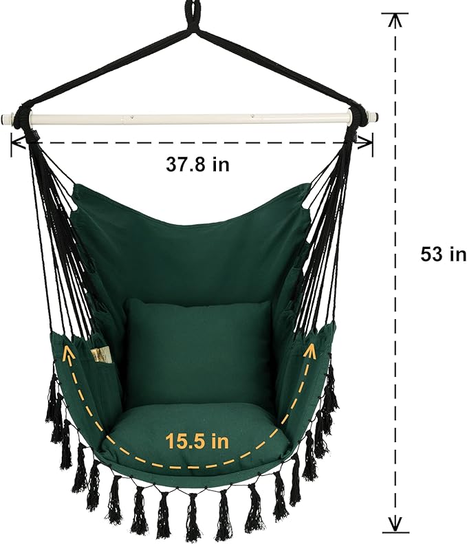 Y- STOP Hammock Chair Hanging Rope Swing Max 500 Lbs 2 Cushions Included Large Macrame Hanging Chair with Pocket for Superior Comfort with Hardware Kit Green