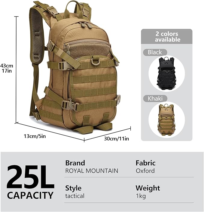 25L Small Tactical Backpack For Men Military Waterproof Backpack With Multiple Pockets 3-Day Bug Out Bag Molle Military Backpacks For Camping Hiking Traveling (Khaki)
