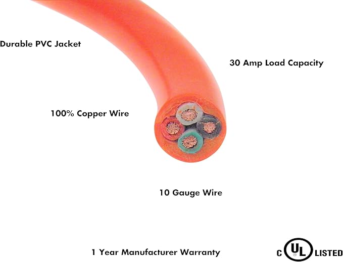 Nema L14-30 Generator Power Cord 4 Wire 10 Gauge 125/250v 30 Amp 7500 watts (15 Feet Whip) Orange