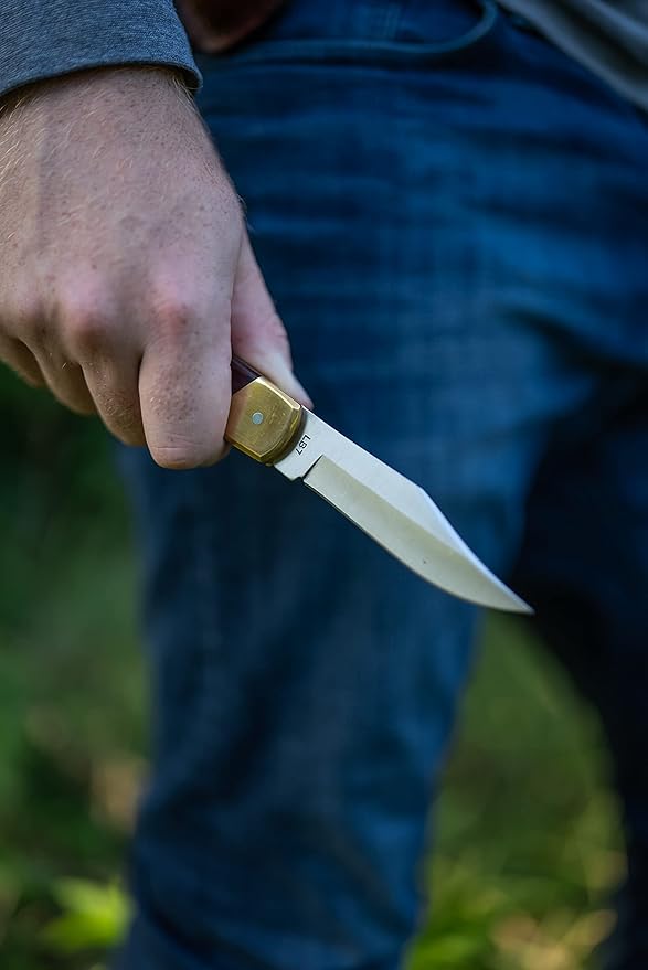 Uncle Henry LB7 Bear Paw Traditional Lockback Pocket Knife with 3.7in Clip Point High Carbon S.S. Blade Wood Handle Brass Bolsters and Leather Belt Sheath for EDC Hunting Camping and Outdoors