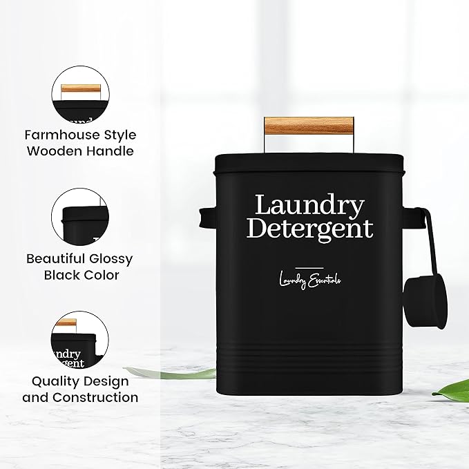 Simplation Modern Farmhouse Laundry Detergent Container for Laundry Room Decor and Accessories Metal Laundry Pods Container Laundry Powder Holder for Laundry Room Organization (Black)
