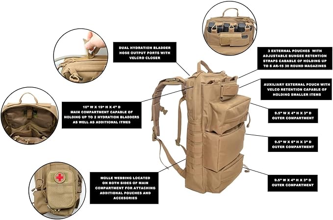 Tactical Backpack Range Bag Hydration Water Bladder Outlet Magazine Pouches 5 Compartment for Range Bag Bug Out Hiking (Beige)
