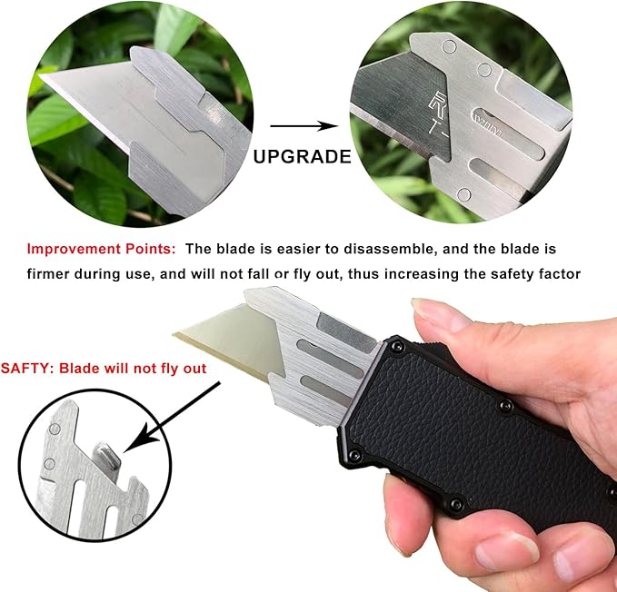 Caressolove Automatic Utility Knife Black Razor Blades Pocket Knife Box Cutters Retractable Heavy Duty Premium Safety Push Button Knife with 5PCS Blades