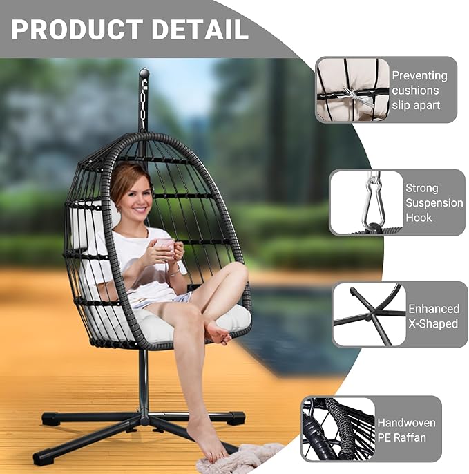 CHABATREE Egg Chair with StandPatio Rattan Wicker Hanging Swing Egg Chair Hammock Chair for Bedroom Porch GardenThickened Aluminum Alloy Steel Frame and UV Resistant Cushion350LBS Capacity