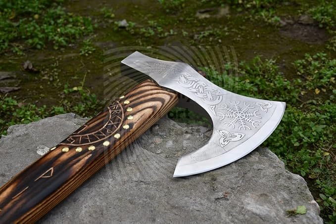 24-Inch Viking Battle Axe Hand Forged 5160 High Carbon Steel Blade Engraved Wood Handle Decorative Norse Design Viking Axe