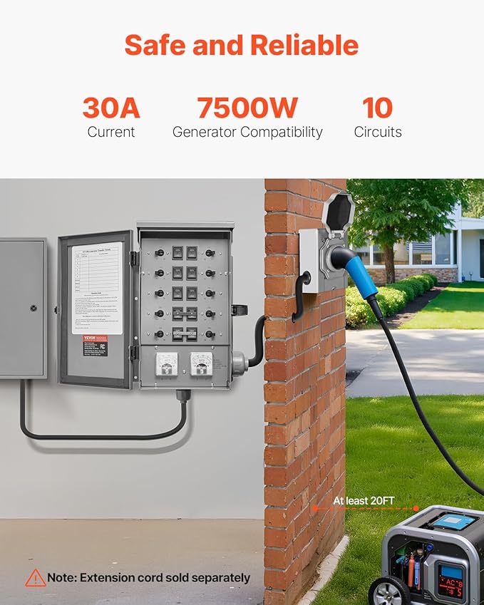 VEVOR Manual Transfer 30-Amp 10-Circuit Prewired Generator Transfer Kit with NEMA L14-30P Power Inlet Box Double-Throw NEMA 3R Mechanical Watt Meter for 7500W Generators