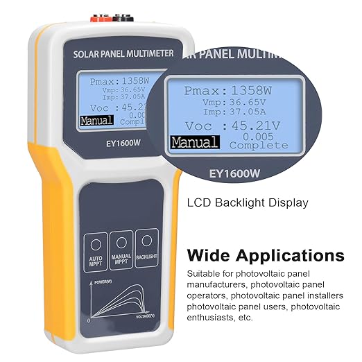 Solar DC/AC Power Meter Solar Panel Tester 1600W Photovoltaic Panel Multimeter MPPT Open Circuit Voltage Test Device Maximum Power Point Voltage Current Power Test Meter LCD Display with Backl