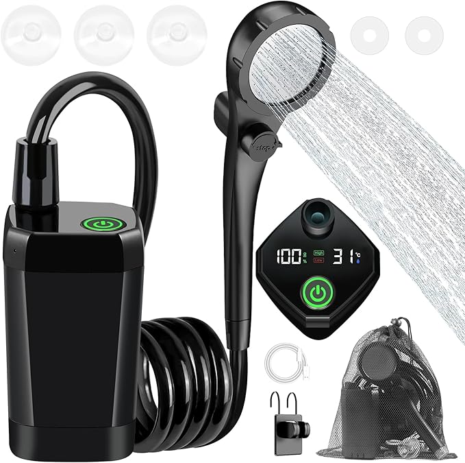 Fotgear Portable Camping Shower - 6000mAh Rechargeable Outdoor Shower with LED Display - IPX7 Waterproof Camping Shower Kit for Hiking Travel Car Washing RV Pet Bath