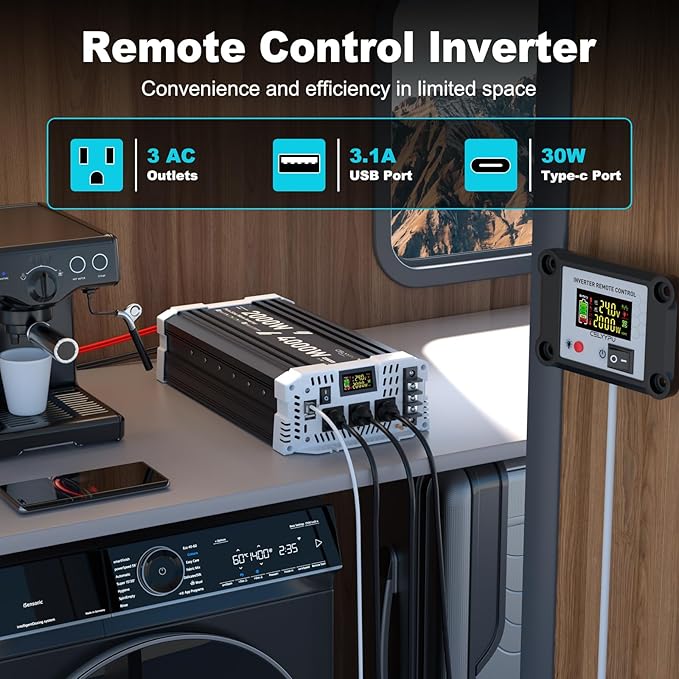 2000 watt Pure sine Wave Inverter 24V DC to 110V AC Power Inverter Used for Solar Emergency Power Supply in RV Homes with 3 AC Output sockets USB Port Type-C Port Remote Control with LCD Screen