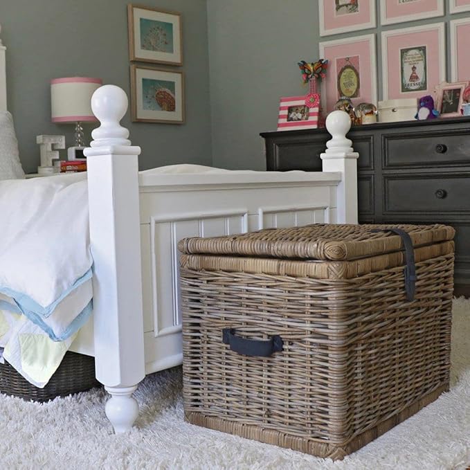 The Basket Lady Handwoven Deep Wicker Storage Trunk Natural Rattan Wicker Chest with Lid and Handles for Blankets and Home Organization-Serene Grey Extra Large 30 L x 21 W x 20.5 H