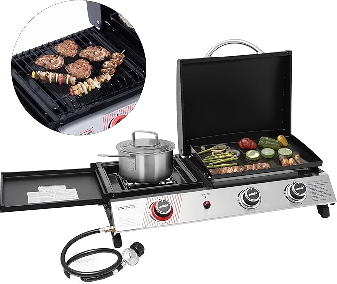 Royal Gourmet PD1305H 3 Burner Propane Gas Grill and Griddle Combo with Lid 3-in-1 Grill Griddle Combo with 29000 BTUs Output for Outdoor Cooking 364 Sq. In. Cooking Area Silver &amp Black