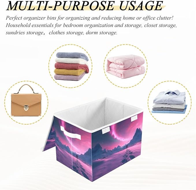 Storage Cube with Lid Polar Aurora Landscape Print 16.5×12.6×11.8 IN Collapsible Large Capacity Foldable Storage Basket Bin Organizer