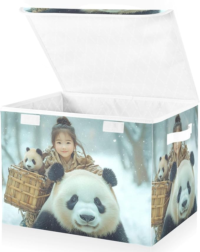 AIXIWAWA Lidded Storage Cube (Panda Family) Fabric Foldable Closet Bins with Flip Lid and Handles Organizer Basket Container 16.5 x 12.6 x 11.8 IN