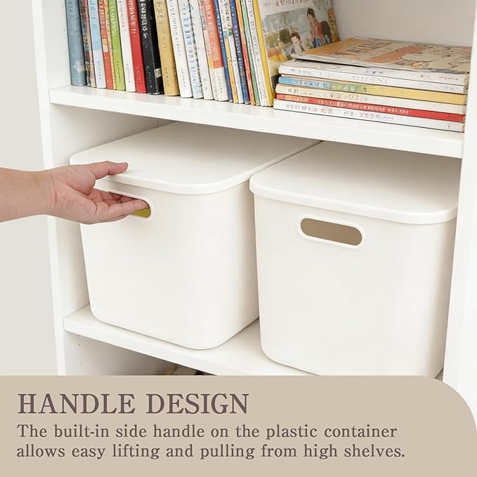 11 Pcs White Plastic Storage Bins with Handle and Lids 14 x 10.5 x 9.6 Inches Containers Box Stackable Storage Baskets for Playroom Classroom Office Shelves Desktop Drawers Organization