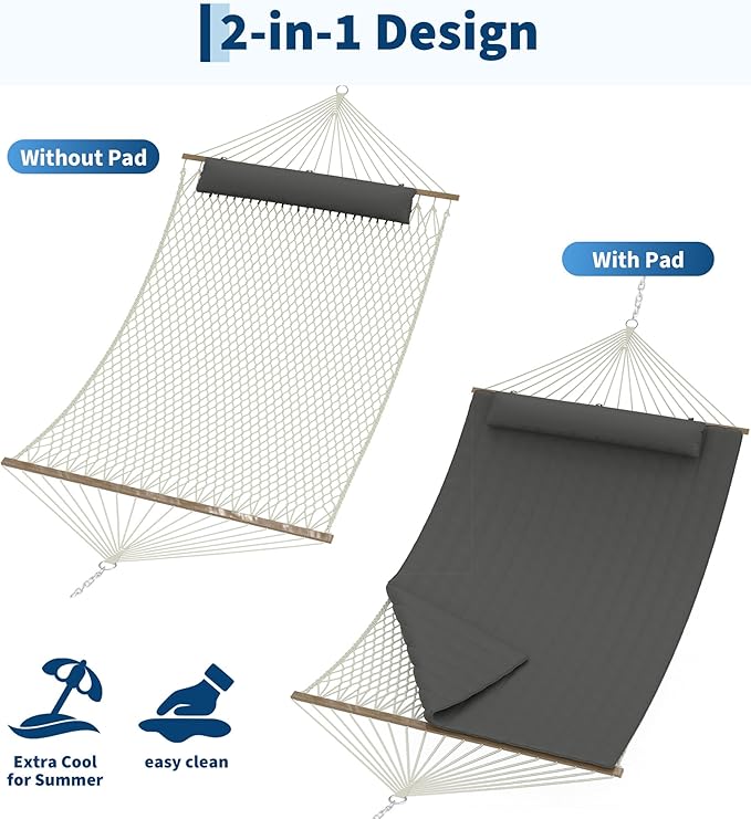 2 Person 12FT Hammocks for Outside Double Quilted Fabric Outdoor Hammock with Spreader Bar Large Removable Pillow Storage Pockets Carabiners Max 450 Lbs Capacity