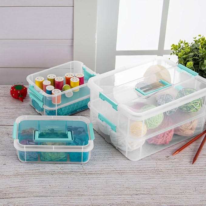 Sterilite 18 Pack Plastic Storage Box Container 3 Layer Stack and Carry Clear/Blue