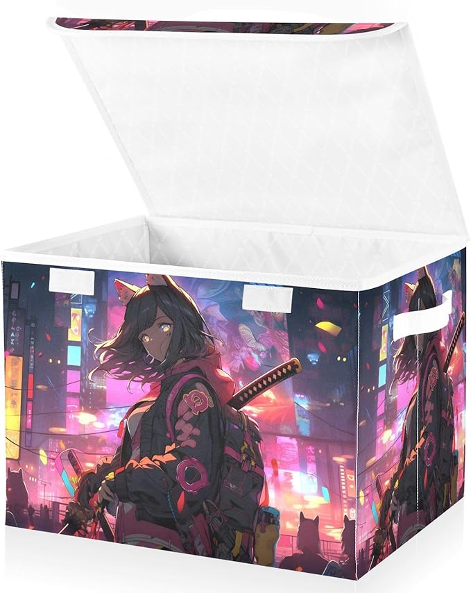 Woman Anime Street Large Storage Bins with Linen Foldable Storage Box Fabric Organizer Bin with Flip-Top Lid for Home Office 16.5 x 12.6 x 11.8 Inch