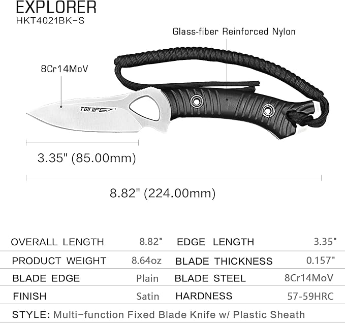 TONIFE Explorer Fixed Blade Knife with Sheath 8Cr14moV Multifunctional Survival Knife Blade with Fiberglass Reinforced Nylon Handle for Outdoor EDC Knife
