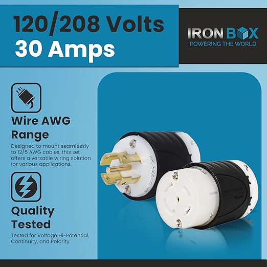 Iron Box L21-30 Generator Plug and Connector Set L21-30P + L21-30R 30A Durable Materials 120/208V 5-Wire Locking Power Cord End Industrial Grade Nylon Housing 6240W Generator Cable 12/5 AWG (5pack)
