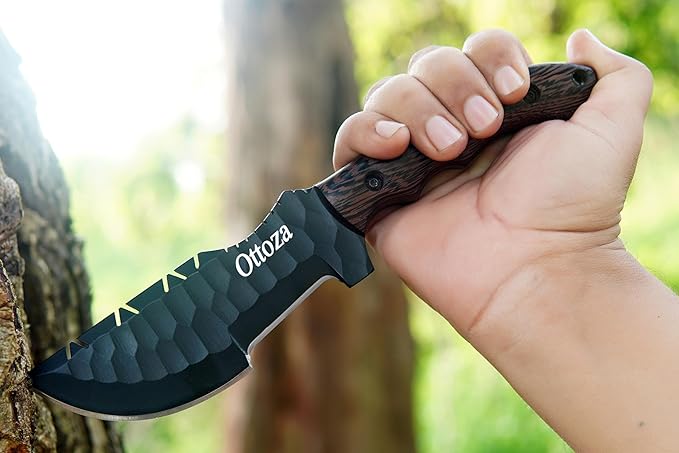 Ottoza 1095 Carbon Steel Tracker Knife with Horizontal Carry Leather Sheath – Full Tang Fixed Blade Survival Knife for Outdoors and Wenge Wood Handle 412